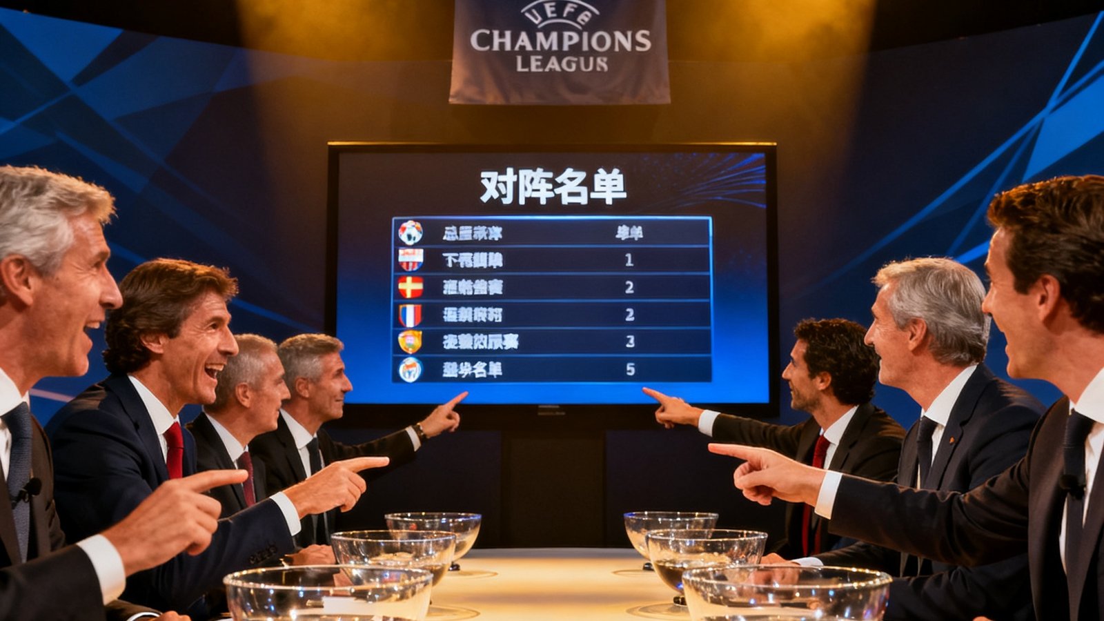 欧洲冠军联赛淘汰赛抽签仪式现场，各俱乐部代表齐聚一堂，大屏幕上显示着对阵名单，气氛紧张而激动人心