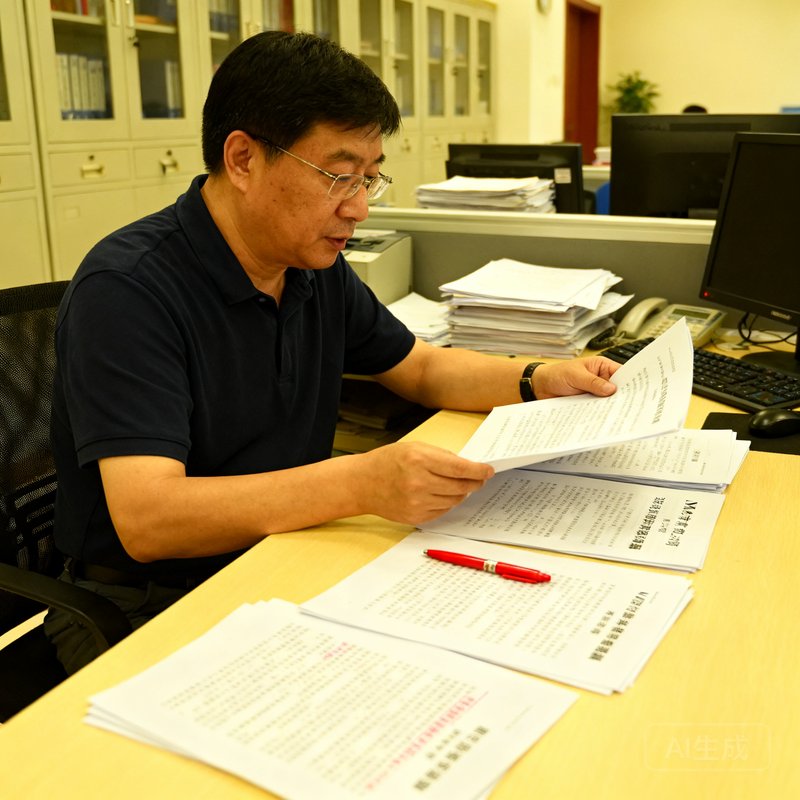 IM体育网总编辑赵大伟在新闻编辑室中审阅稿件，桌上摆放着多份打印出来的资讯稿和红色批注笔